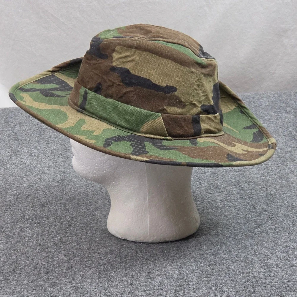 Vintage 80s Woodland Camo Boonie Hat L Green Made USA 1 Sided Snap Brim Military